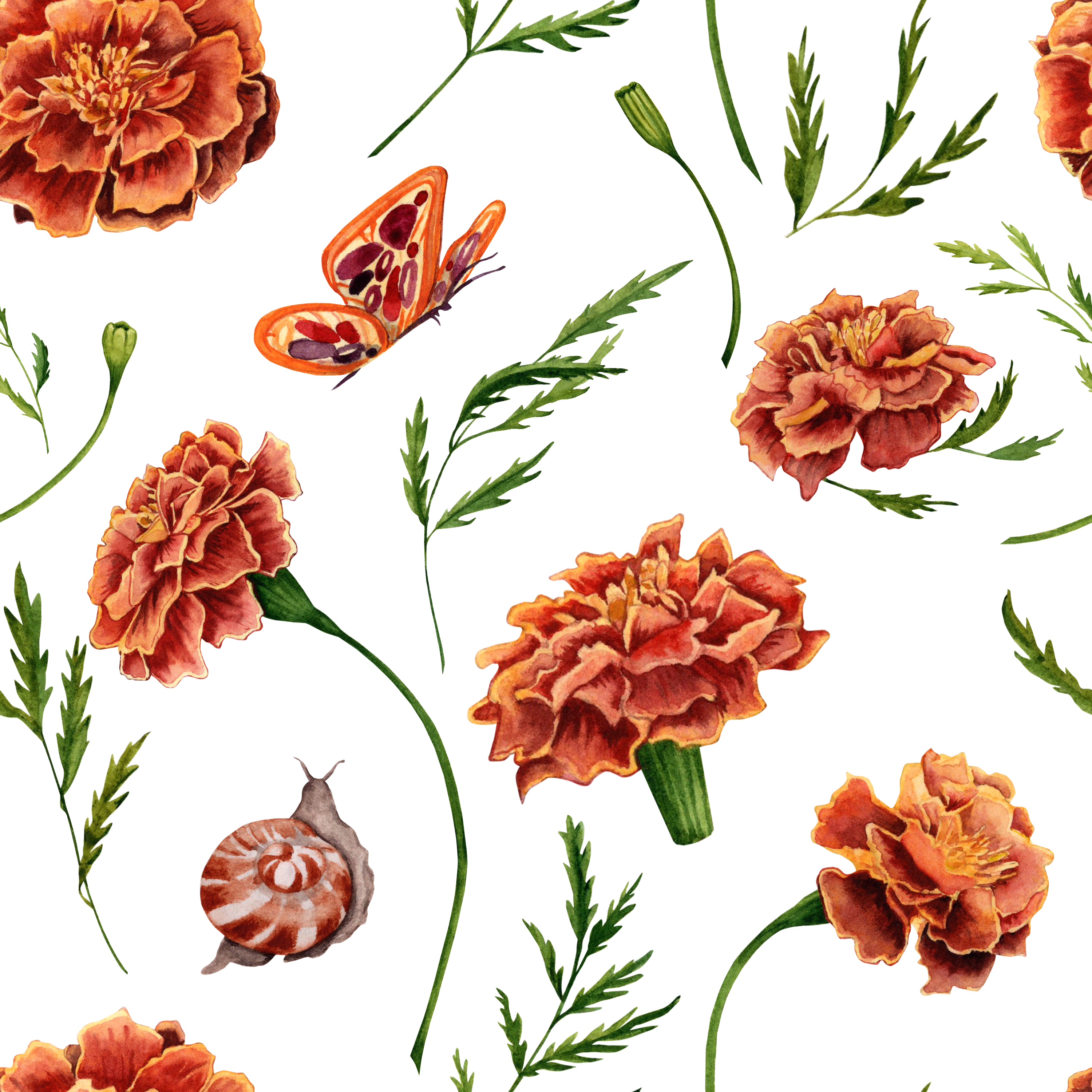 Marigold Flower seamless pattern botanical illustration